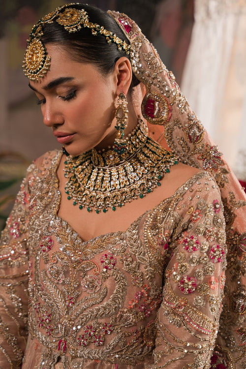 Coral, Peach and Gold Bridal Peshwas and Lehnga Set - BRIDAL